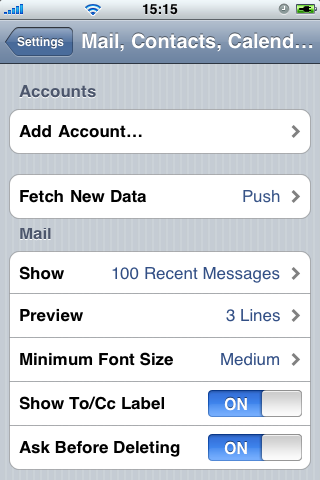 Mail, Contacts, Calendars settings