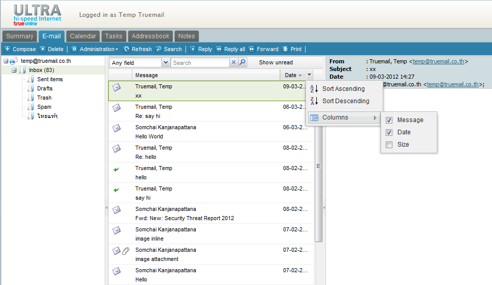 Context menu from a mail view column